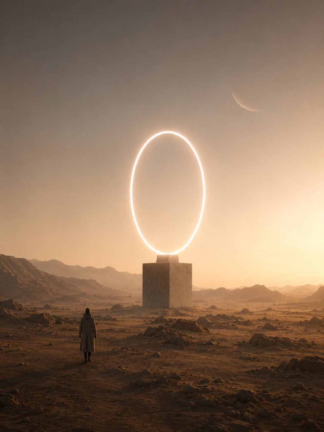 Human figure facing a luminous ring structure on a desert horizon — YDRO visual identity