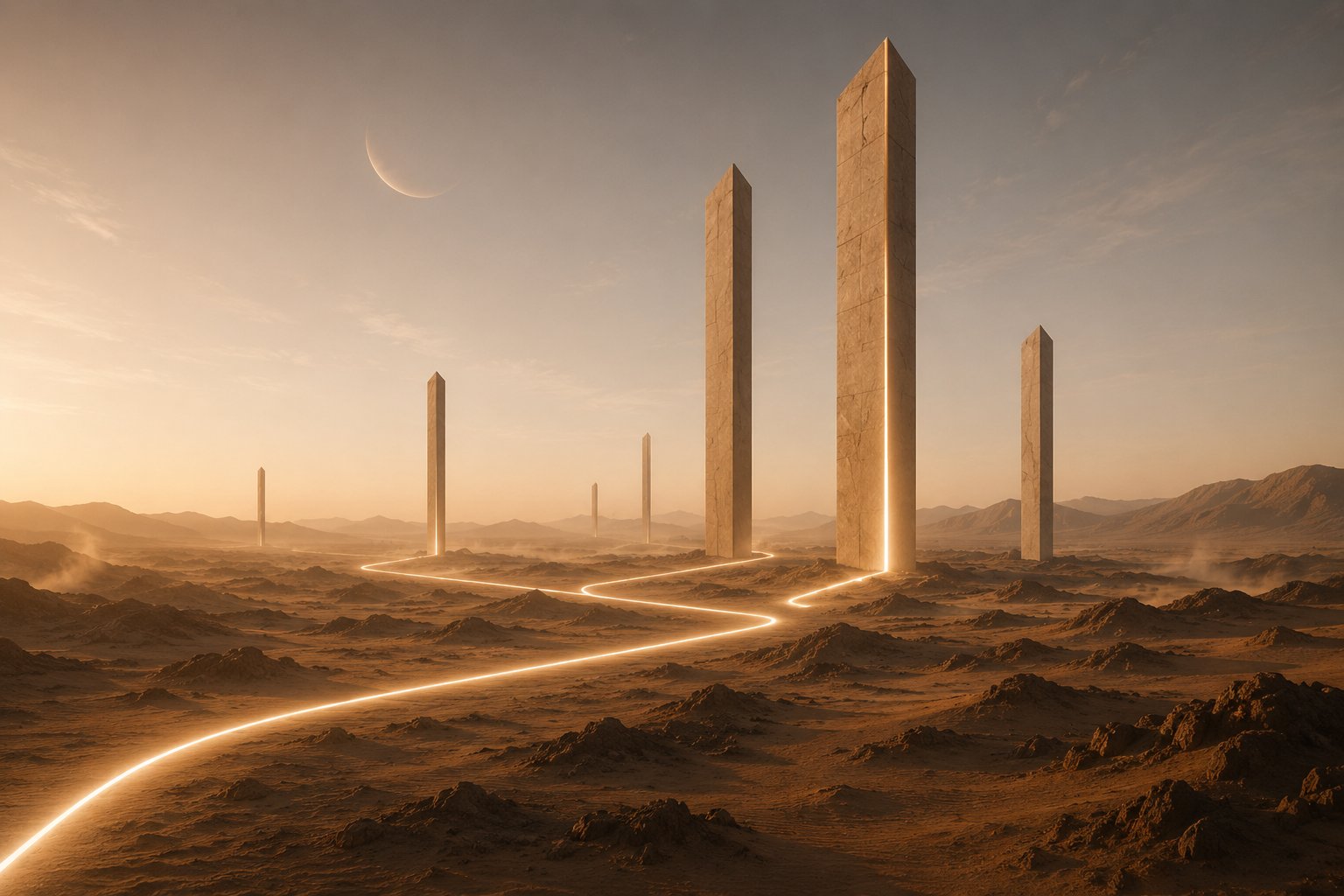 Stone monoliths with a glowing light path through a desert landscape — YDRO